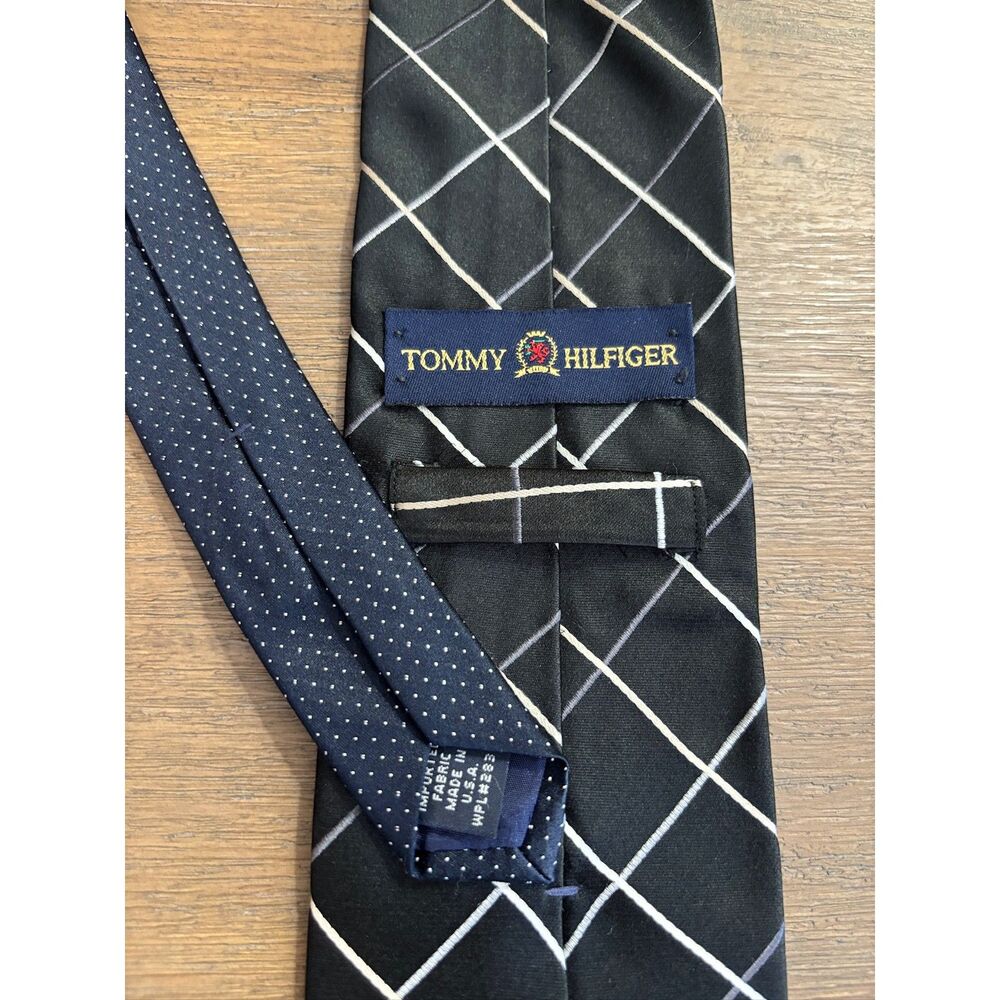 Tommy Hilfiger Men's 100% Silk Tie Black White Windowpane Grid Made in USA VTG - Picture 2 of 6
